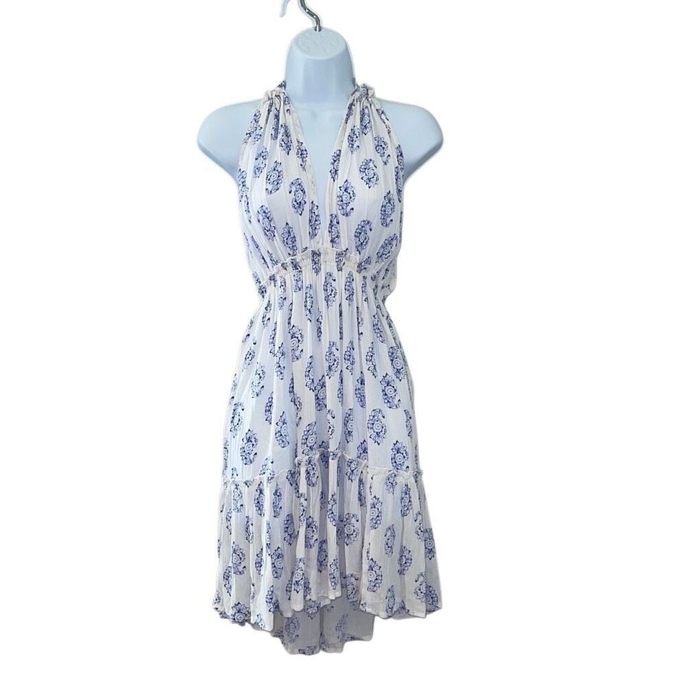 Devi Womens Floral Halter Tiered Backless Mini Dress Blue White Size Small NWT
